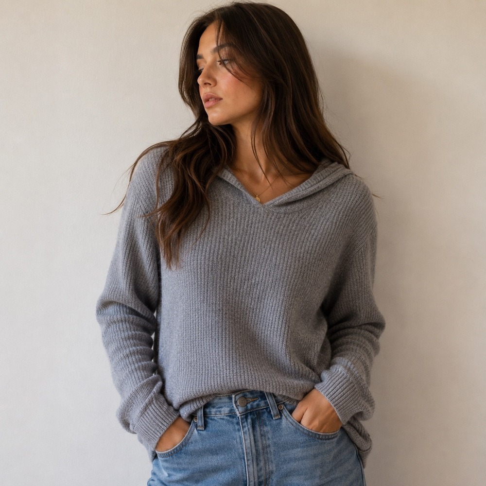 Gentle Herd Grey Cashmere Hoodie Waffle Knit Sweater Medium Minimalist Cozy